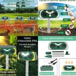 INN Katt avskräckare ultraljud 15x24,5cm 2 lägen blinkande ljus ip66 infraröd sensor solenergi USB-laddning ultraljud
