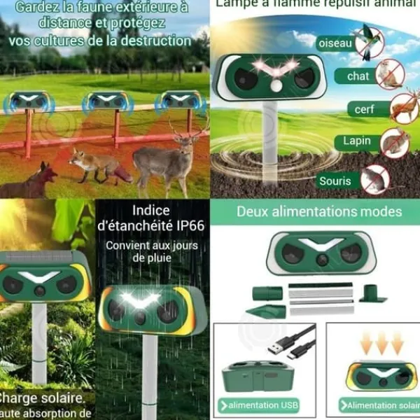 INN Katt avskräckare ultraljud 15x24,5cm 2 lägen blinkande ljus ip66 infraröd sensor solenergi USB-laddning ultraljud