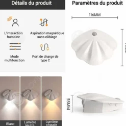 INN LED-vägglampa med rörelsedetektor i form av en snäcka 1200mAh 3000-6000K magnetisk vägglampa för dekoration