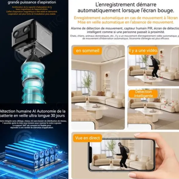 INN Mini övervakningskamera med dubbla objektiv, trådlös 2k 4g wifi, 6x zoom, tvåvägs ljud, mörkerseende med magnetbas