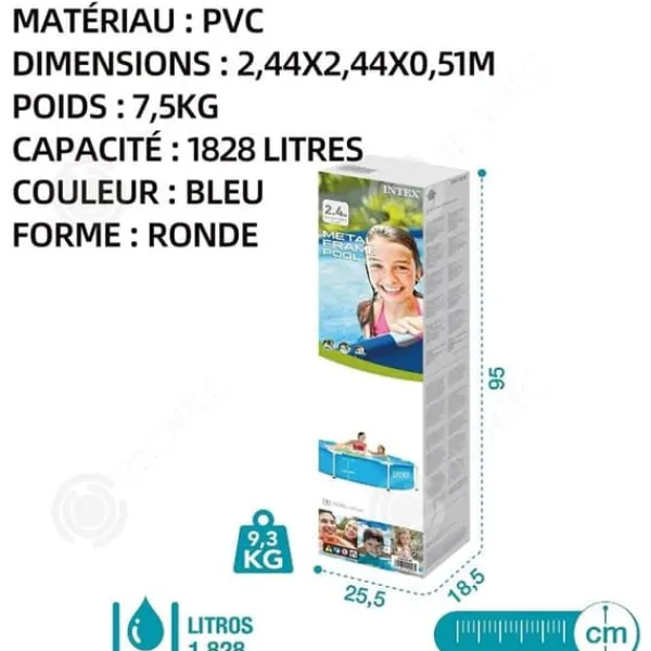 INN Pool med metallram 2,44x2,44x0,51m PVC 1828 liter blå poolsats metallram havspool metallram rund rörformad