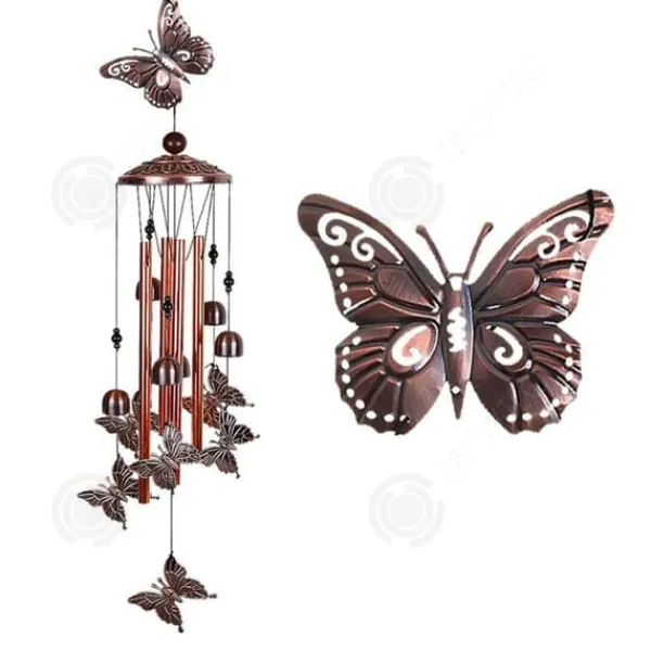 INN Wind Chime 11,2x82 cm Vintage järnmetallklockor med fjäril och boll på toppen Utomhus vindklocka med åttonde kroken