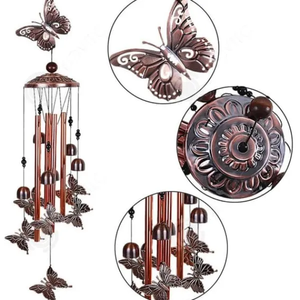 INN Wind Chime 11,2x82 cm Vintage järnmetallklockor med fjäril och boll på toppen Utomhus vindklocka med åttonde kroken