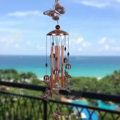 INN Wind Chime 11,2x82 cm Vintage järnmetallklockor med fjäril och boll på toppen Utomhus vindklocka med åttonde kroken