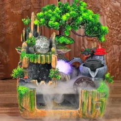 Online Inomhusfontän - Bordfontän med akvarium - LED-belysning - Dimgenerator - Vattenfall - 30 x 18 x 33 cm - Harts - 220 V - Brun Fontäner & Dammar
