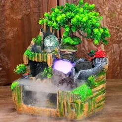 Online Inomhusfontän - Bordfontän med akvarium - LED-belysning - Dimgenerator - Vattenfall - 30 x 18 x 33 cm - Harts - 220 V - Brun Fontäner & Dammar