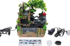 Online Inomhusfontän - Bordfontän med akvarium - LED-belysning - Dimgenerator - Vattenfall - 30 x 18 x 33 cm - Harts - 220 V - Brun Fontäner & Dammar