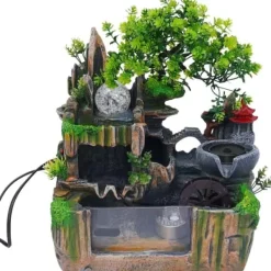 Online Inomhusfontän - Bordfontän med akvarium - LED-belysning - Dimgenerator - Vattenfall - 30 x 18 x 33 cm - Harts - 220 V - Brun Fontäner & Dammar