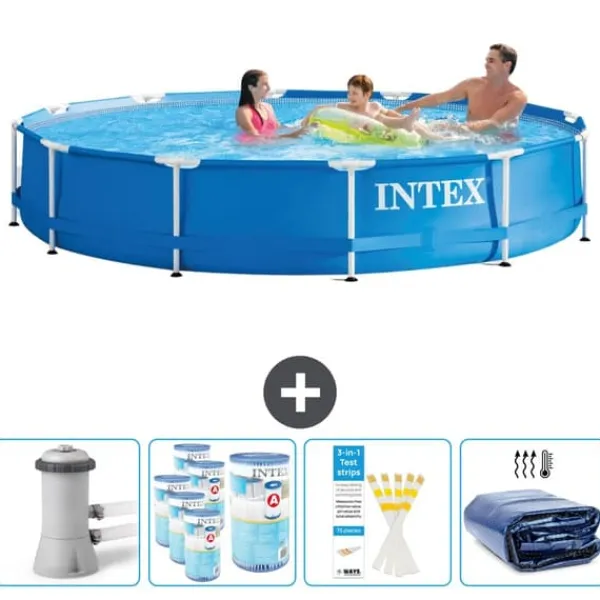 Hot Intex Round Frame Simbassäng - 366 x 76 cm - Blå - Inklusive Tillbehör - CB86 Pooler