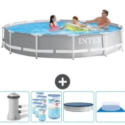 New Intex Round Prism Frame Pool - 366 x 76 cm - Grå - Inklusive Tillbehör - CB88 Pooler