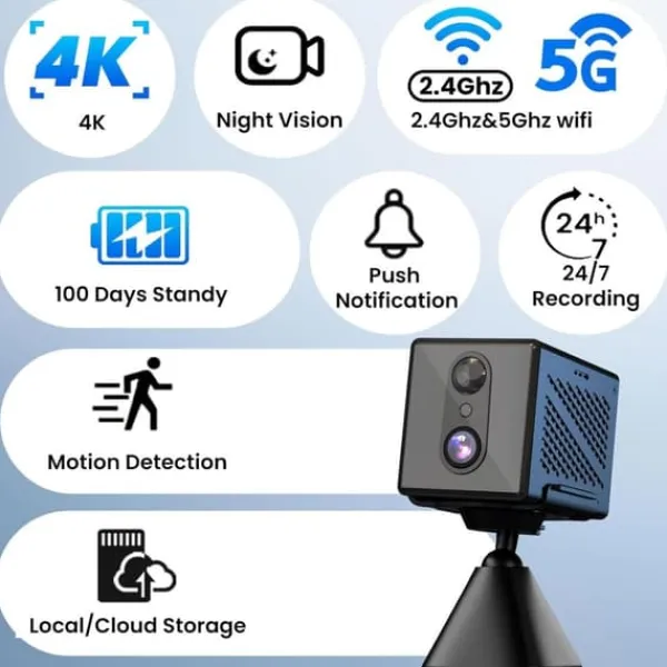 4K Övervakningskamera 5GHz WiFi Mini-kamera, Nattseende, Rörelsesensor, Lång batteritid, Fjärrvisning Säkerhetsmonitorer & Videokameror