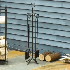 Kaminset 5-delars för inomhus: stativ och verktyg, smidesjärn, 20×20×82,5 cm, svart