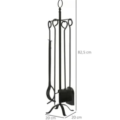 Kaminset 5-delars för inomhus: stativ och verktyg, smidesjärn, 20×20×82,5 cm, svart