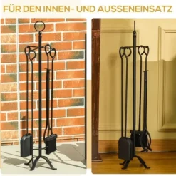 Kaminset 5-delars för inomhus: stativ och verktyg, smidesjärn, 20×20×82,5 cm, svart