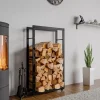 Keri Black Metal Firewood Rack with Wheels - 25x60x150cm