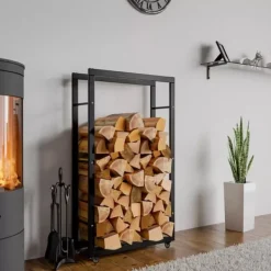 Keri Black Metal Firewood Rack with Wheels - 25x60x150cm