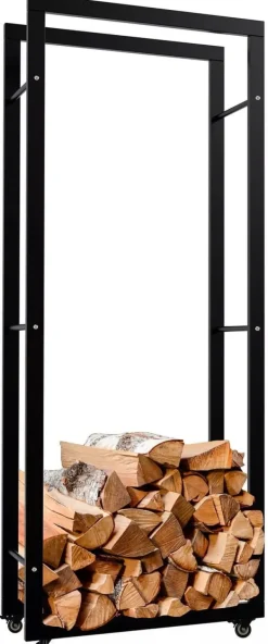 Keri Black Metal Firewood Rack with Wheels - 25x60x150cm