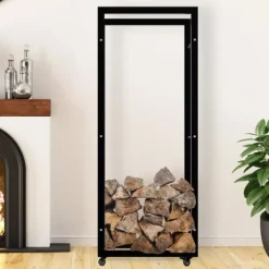 Keri Black Metal Firewood Rack with Wheels - 25x60x150cm