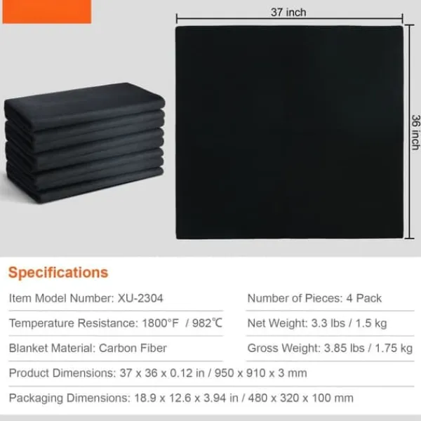 Kolfiltsvetsfilt 4-pack, 37"x36" flamskyddande, upp till 1800°F värmebeständig kolfiber brandskyddsmatta.