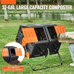 Clearance Kompostbehållare, 37-Gal med dubbla kammare, roterande, hög volym, stålram, BPA-fri för trädgård och utomhus. Kompostering