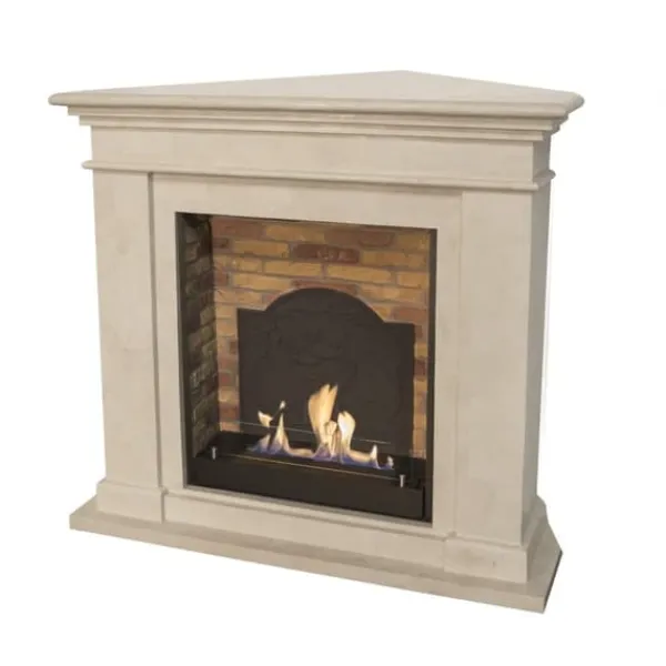 Kos-Corner BME bio-etanol öppen spis - Hörn spis - Vit natursten öppen spis surround - 3 KW värme