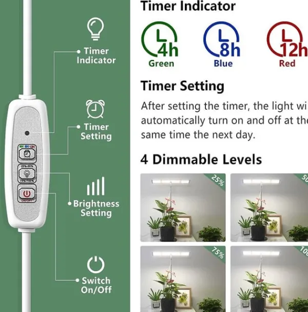 LED-växtljus med 3 ljuslägen och 4-stegs dimmer