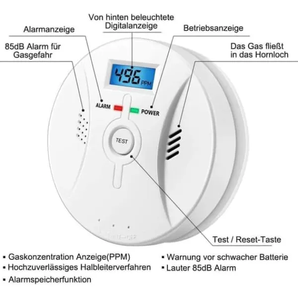 Lollanda Kolmonoxidlarm med LCD-display – högkänslig, 85 dB högljudd varning, batteridriven CO-gasdetektor