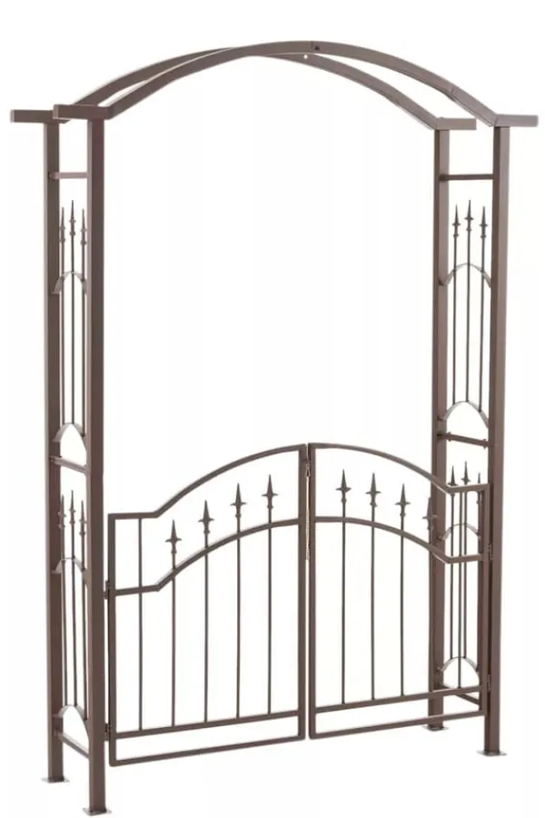 Luxor Exclusive Iron Rose Arch with Gate - Heavy Duty Metal Climbing Plant Support, Brown, 220cm Height
