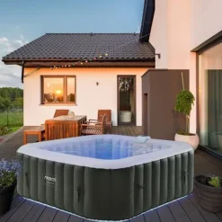 Lyxig uppblåsbar bubbelpool för 5–7 personer – 201 x 201 x 80 cm – 180 bubbelstrålar + 8 massagestrålar – LED-belysning – Inbyggda säten – Inklusive ö | CDON