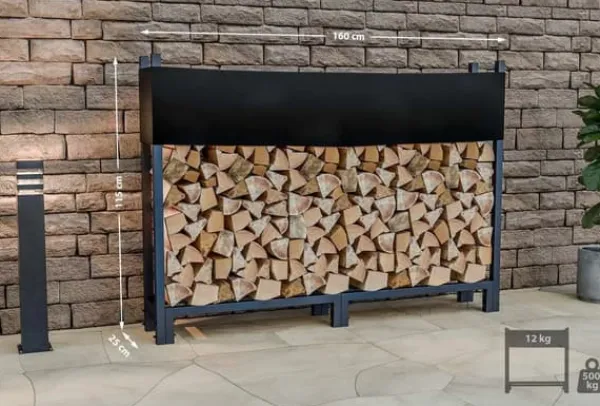 Martin Anthracite Metal Firewood Rack with Cover - Steel Tube Construction, 25x160x115 cm