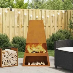 Best Medelstor konformad eldstad i Corten-stål med vedförvaring | Storlek: 60x35x100 cm | Färg: Brun Vedeldade Kaminer