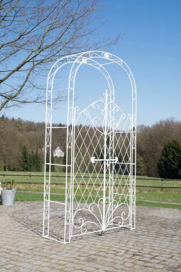 Discount Melissa Metal Rose Arch with Gate - White, Climbing Plant Support, Garden Decor, 220x120x40cm Valvbågar, Spaljéer, Bersåer & Pergolor