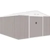 Metallisk trädgårdsförråd 12,99 m² - 340 x 382 x 210 cm - NEPTUNE - Ankar kit inkluderat, 2 skjutdörrar - Taupe