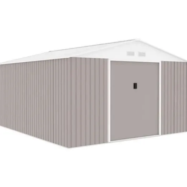 Metallisk trädgårdsförråd 12,99 m² - 340 x 382 x 210 cm - NEPTUNE - Ankar kit inkluderat, 2 skjutdörrar - Taupe