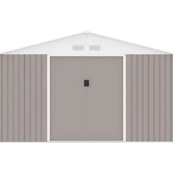 Metallisk trädgårdsförråd 12,99 m² - 340 x 382 x 210 cm - NEPTUNE - Ankar kit inkluderat, 2 skjutdörrar - Taupe