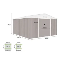 Metallisk trädgårdsförråd 12,99 m² - 340 x 382 x 210 cm - NEPTUNE - Ankar kit inkluderat, 2 skjutdörrar - Taupe