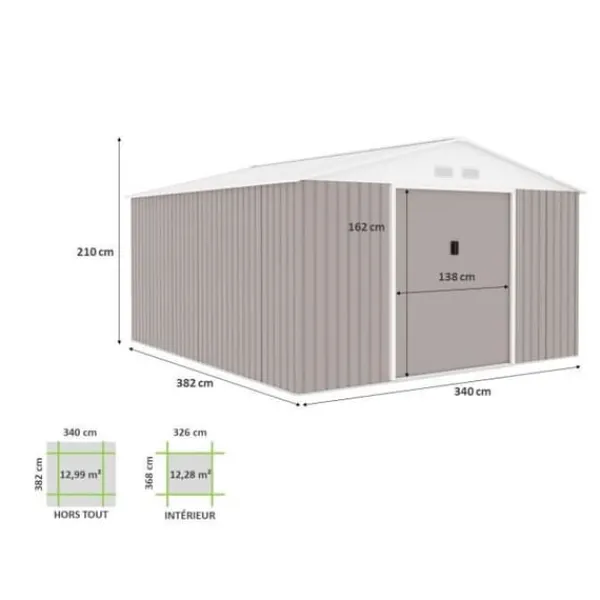 Metallisk trädgårdsförråd 12,99 m² - 340 x 382 x 210 cm - NEPTUNE - Ankar kit inkluderat, 2 skjutdörrar - Taupe