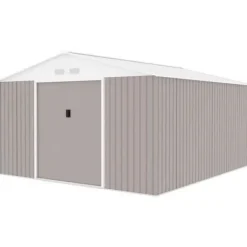 Metallisk trädgårdsförråd 12,99 m² - 340 x 382 x 210 cm - NEPTUNE - Ankar kit inkluderat, 2 skjutdörrar - Taupe