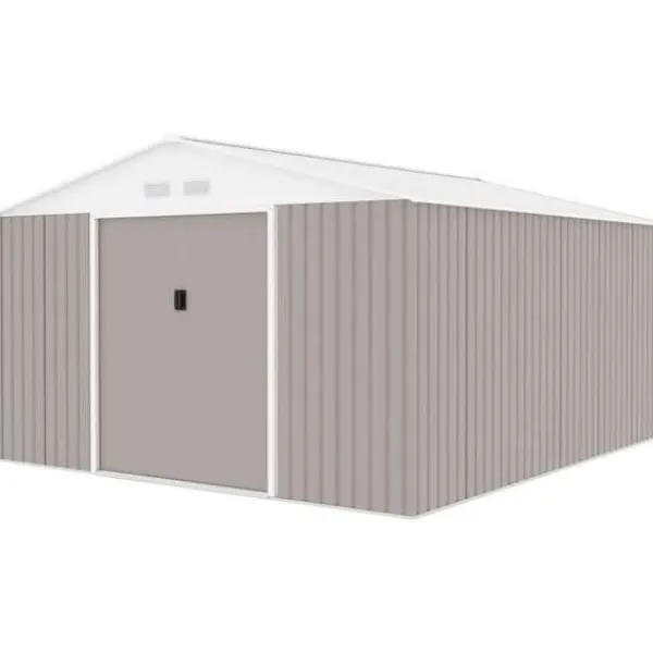 Metallisk trädgårdsförråd 12,99 m² - 340 x 382 x 210 cm - NEPTUNE - Ankar kit inkluderat, 2 skjutdörrar - Taupe