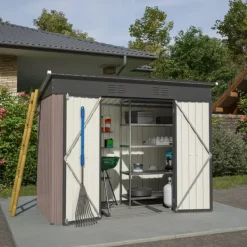 Best Metallverktygsskjul, 8x4 FT, Väderbeständig Konstruktion, Lutande Takdesign, Ventilationssystem, Låsbara Dörrar Skjul, Garage & Carports
