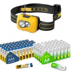 Hot Nödlampssats med 40 AA GP Extra & 40 AAA GP Ultra Plus-batterier | Pålitlig LED-pannlampa och batteripaket för hem- och utomhussäkerhet Beredskapsplaner