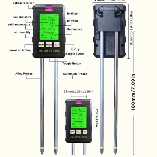 OBOSOE 6-i-1 Digital Jordtester – LCD Skärm med Bakgrundsbelysning, Mäter Fuktighet, pH, Temperatur, Solljus, Luftfuktighet, Näringsämnen