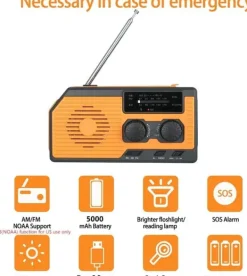 OBOSOE Nödradio Vevradio 5000mAh med Solcell & NOAA, Väderradio med LED-ficklampa för Camping Beredskapsplaner