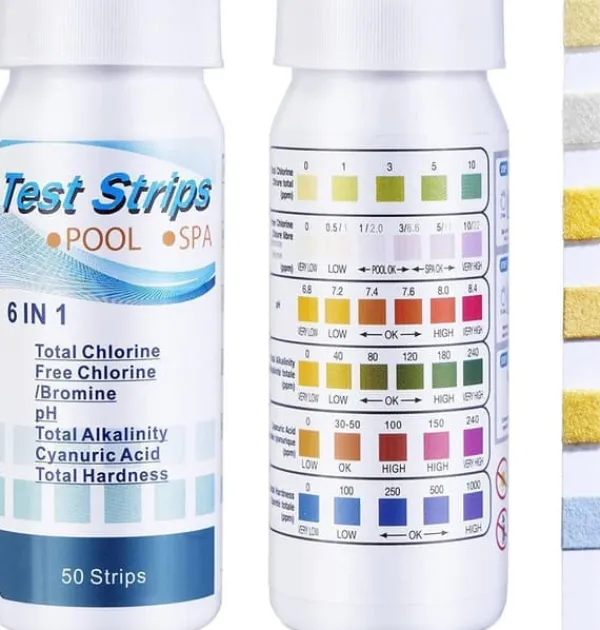 OBOSOE 100-pack 6-i-1 Pool- och Spa-teststickor , Vattentestare - pH, Klor, Alkalinitet, Cyanursyra, Hårdhet