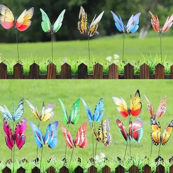 New OBOSOE 52-pack Trädgårdsdekoration – 3D PVC Fjärilar på Pinnar & Trollsländor med Klämma,för Utomhus Blomster- & Balkongdekor Trädgårdsprydnader