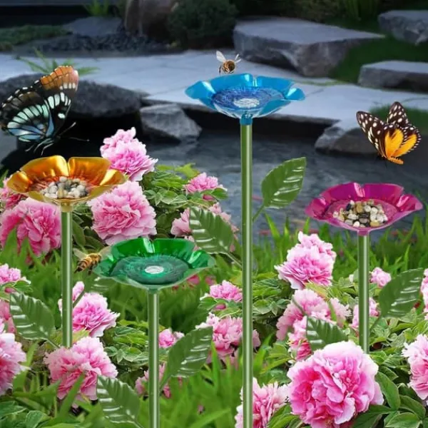 OBOSOE 4-Pack Utomhus Trädgårdsdekoration - Metalliska Fågelmatare / Bin & Fjärils Vattenstation, Insektsbad & Fågelfröskål