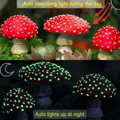 OBOSOE Trädgårdsdekoration Svampar Glow in the Dark – Set om 3 Utomhus Självlysande Svampstatyer med Trädgårdspinnar