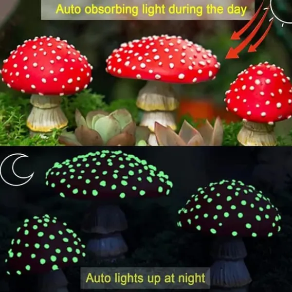 OBOSOE Trädgårdsdekoration Svampar Glow in the Dark – Set om 3 Utomhus Självlysande Svampstatyer med Trädgårdspinnar