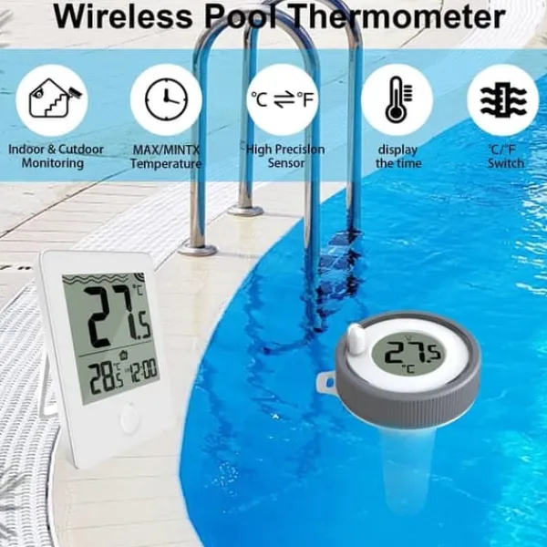 OBOSOE Trådlös Flytande Pooltermometer med Fjärravläsning, LED-display & RCC – Vattentålig IPX8, Perfekt för Pool & Spa
