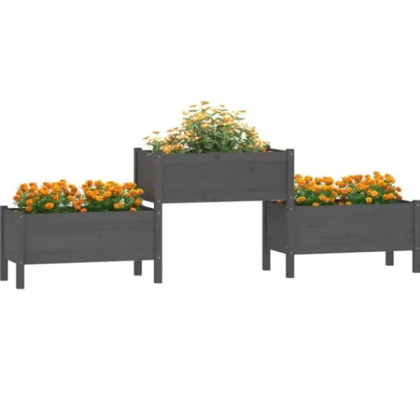 Best Odlingslåda i massiv furu - Upphöjd planteringsenhet med 3 blomlådor | Färg: Grå | Storlek: 245,5x44x75 cm Planteringsbänkar